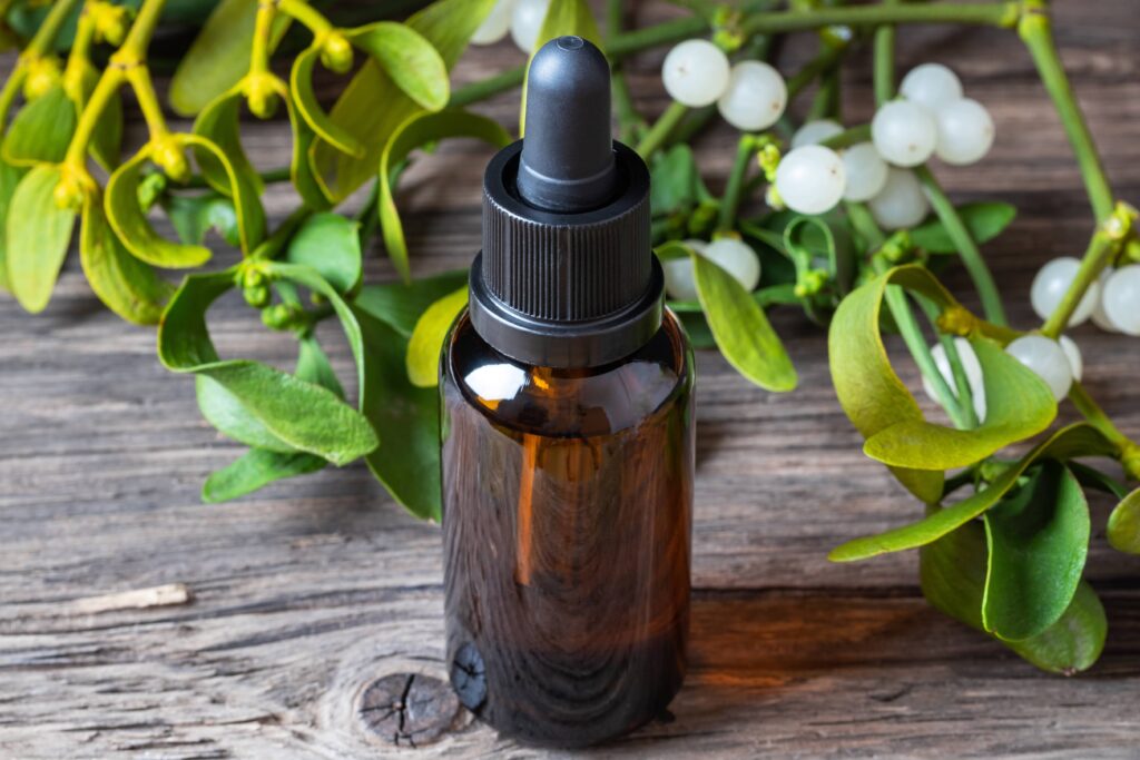 Mistletoe Therapy tincture in a glass bottle with fresh mistletoe, highlighting its natural benefits for pets with chronic illness.